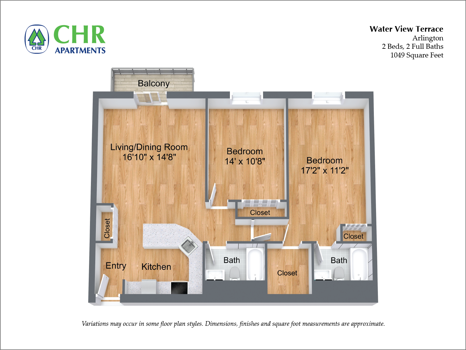 Floor plan for 2 beds, 2 baths, 1049 sqft